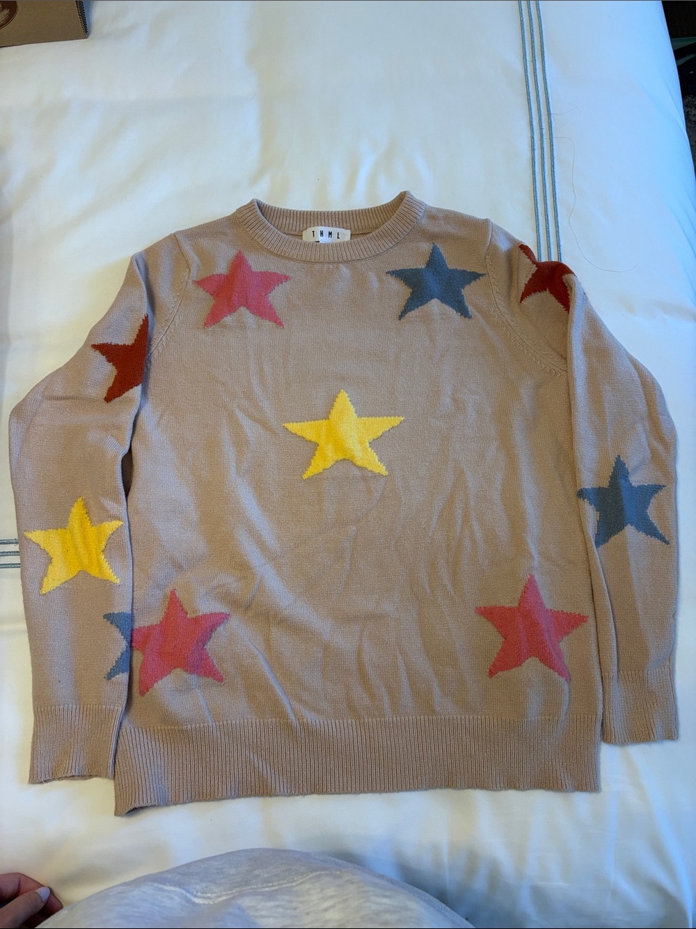 THML Beige Crewneck Sweater with Multicolor Star Accents